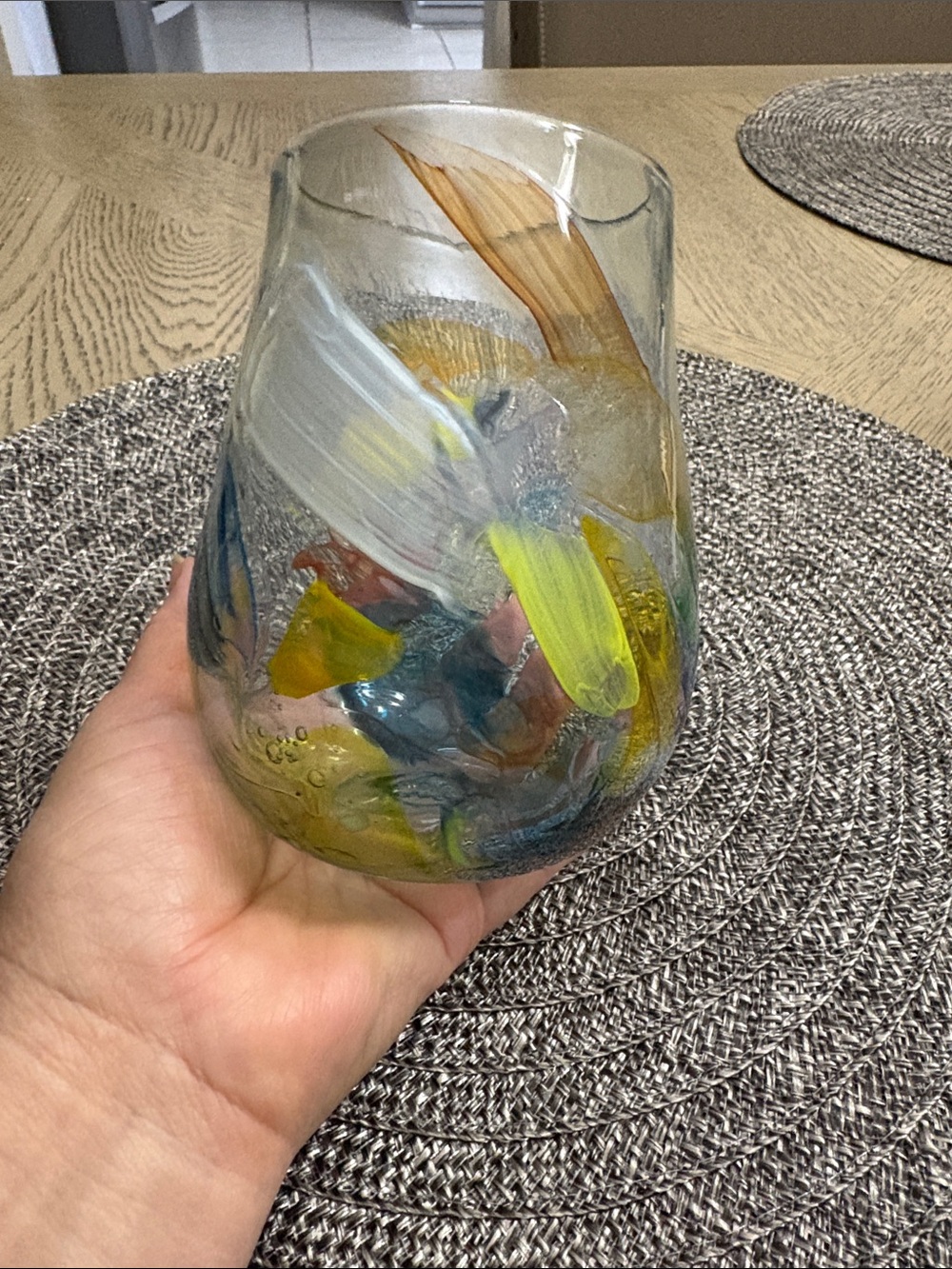 Handblown Decorative Glass Vase with Yellow and Blue Accents
